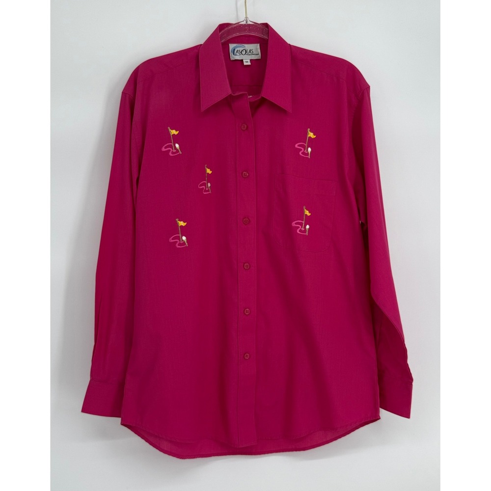 Las Olas Magenta Pink Embroidered Golf Theme Button Down Shirt Womens Sz M